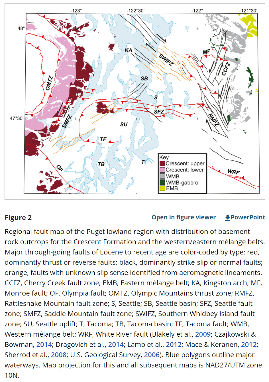 Regional fault map of the Puget lowland region